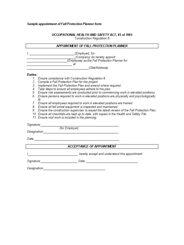 Fall Protection Planner appointment form PDF