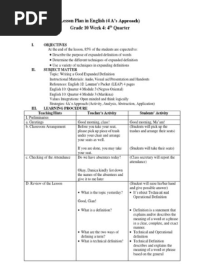 Lesson Plan in English - Expanded Definitions of Words