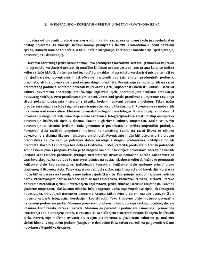 Integracijsko-Korelacijski Pristup U Nastavi Hrvatskoga Jezika | PDF