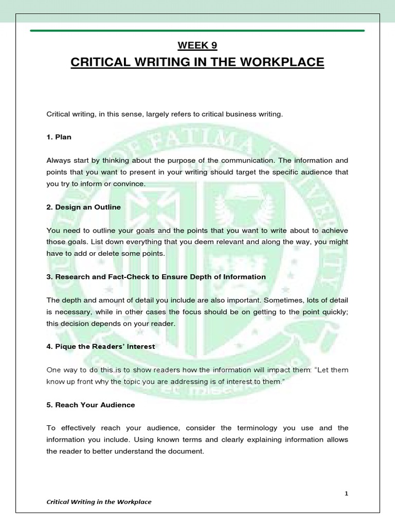 Week 9 CRITICAL WRITING IN THE WORKPLACE PDF | PDF | Communication ...