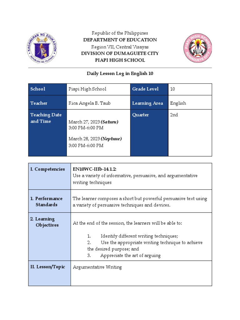 Grade 10 Argumentative Essay Lesson Plan | PDF | Essays | Libraries