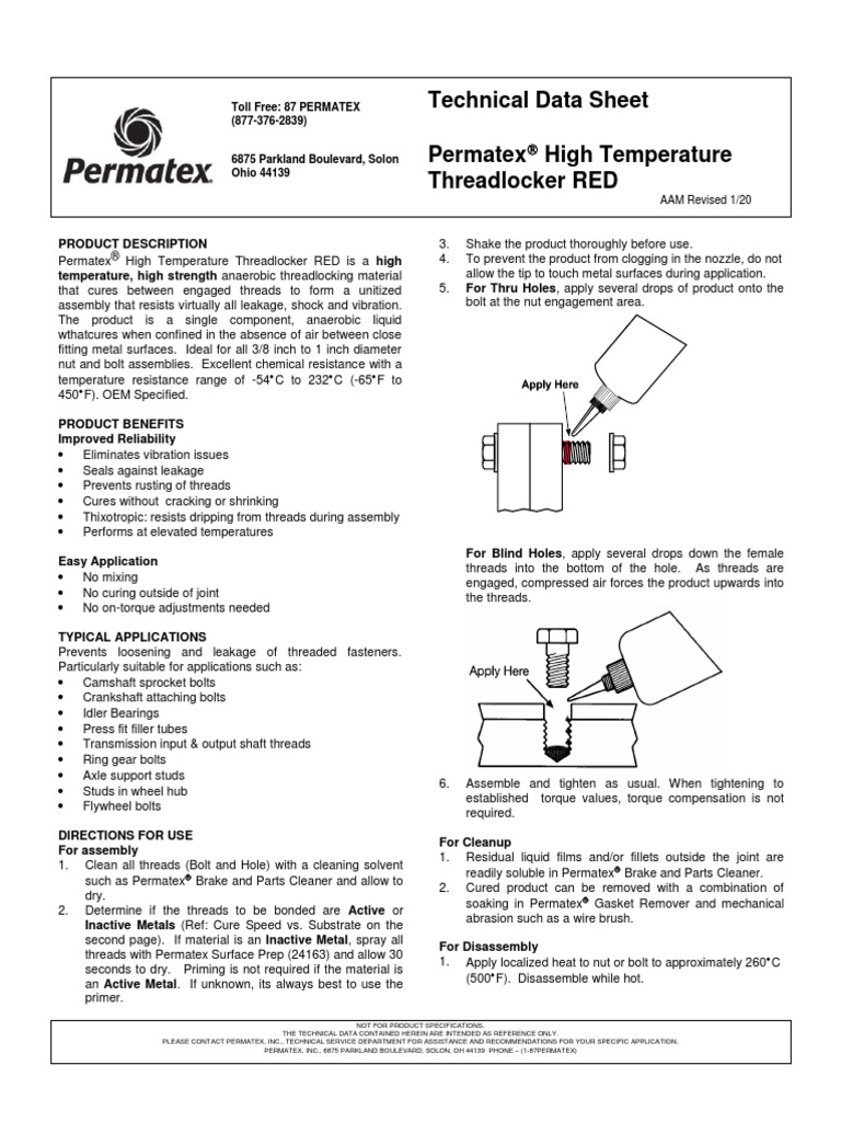 Technical Data Sheet Permatex High Temperature Threadlocker RED PDF
