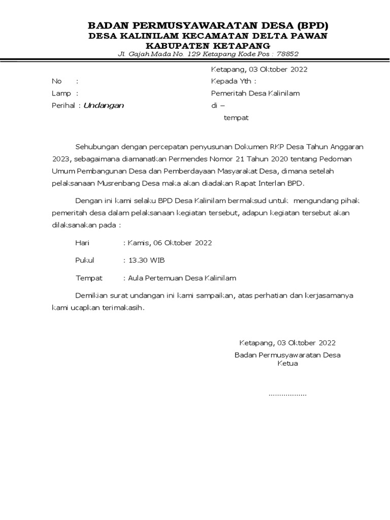 Format Undangan Rapat Internal BPD Kalinilam | PDF