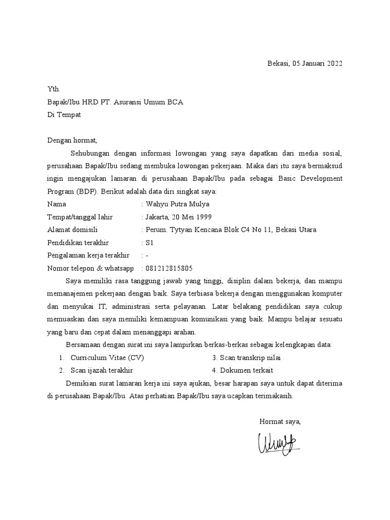 Contoh Surat Lamaran Kerja | PDF