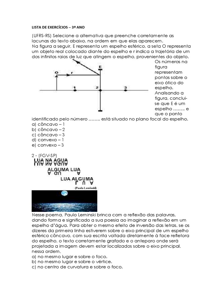 Lista de Exercícios sobre Óptica Geométrica com Questões sobre Espelhos ...