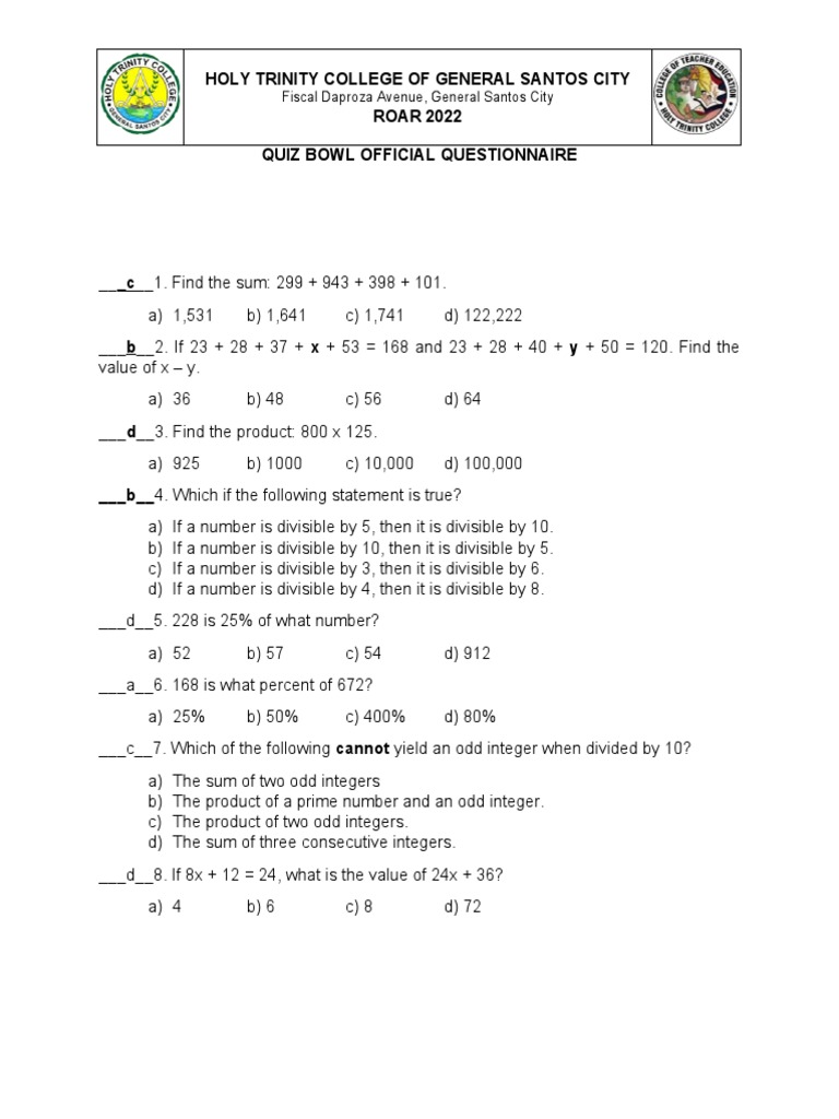 Quiz Bowl Questionnaire PDF