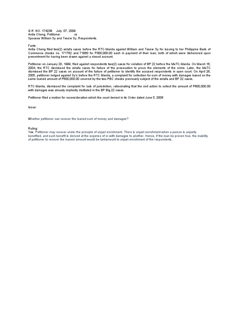 GR NO 174238 ANITA CHENG VS SPS WILLIAM SY AND TESSIE SY PDF