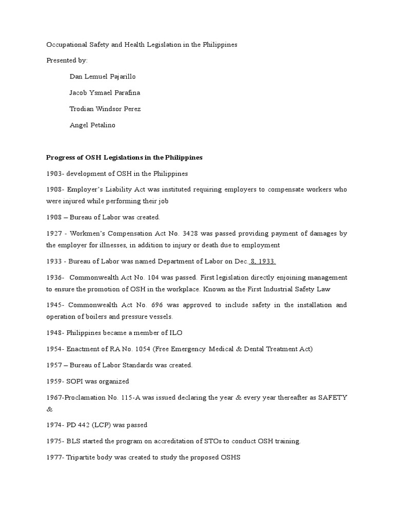 OSH Legislation Overview in the Philippines | PDF | Occupational Safety ...