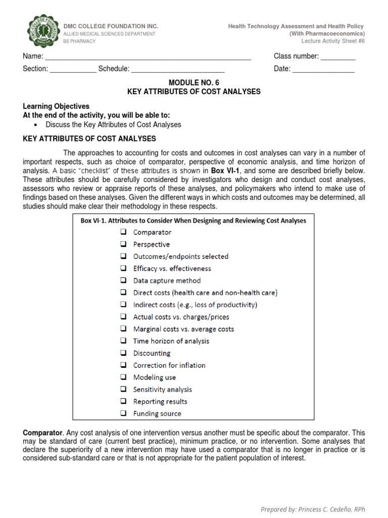 Module 6Key Attributes of Cost Analyses PDF CostBenefit Analysis