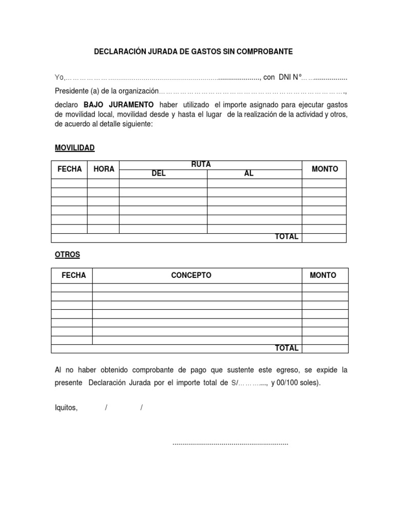 Declaración Jurada de Gastos de Movilidad | PDF