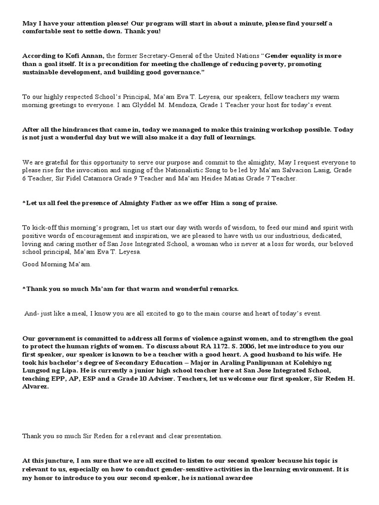Emcee Script for Gender Workshop | PDF
