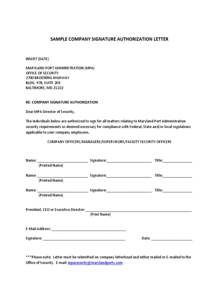 COMPANY SIGNATURE AUTHORIZATION Sample PDF