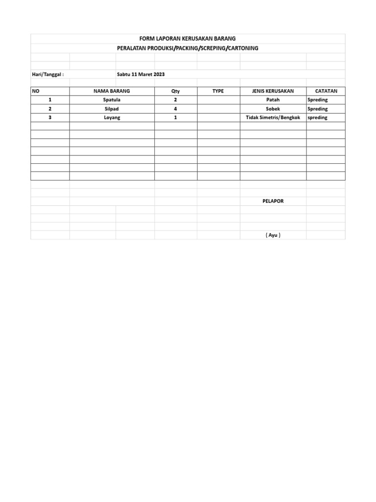 Form Laporan Kerusakan Barang Pdf