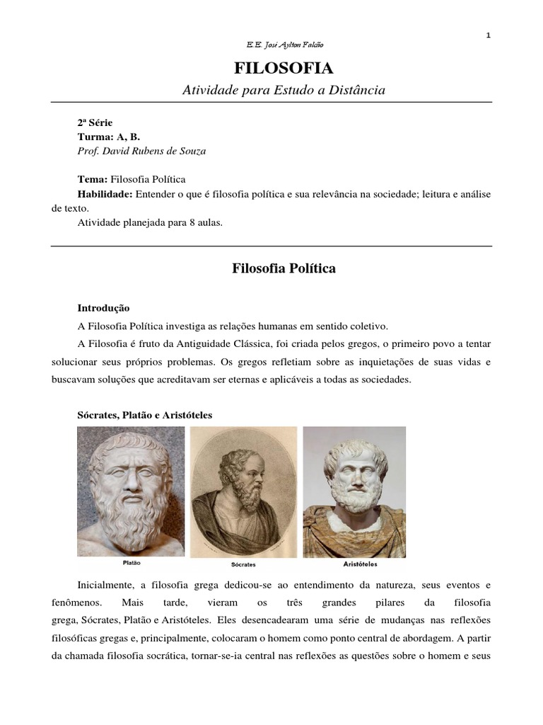ATIVIDADE FILOSOFIA. 2 SÃ©rie, A, B. Prof. David Rubens de Souza. | PDF ...