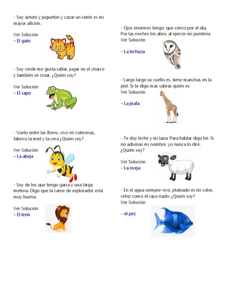 Adivinanzas de Animales para Niños | PDF | Cocina, comidas y vino ...