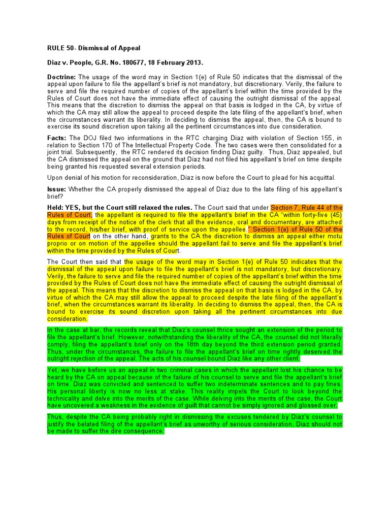 RULE 50 Dismissal of Appeal PDF Brief (Law) Appeal