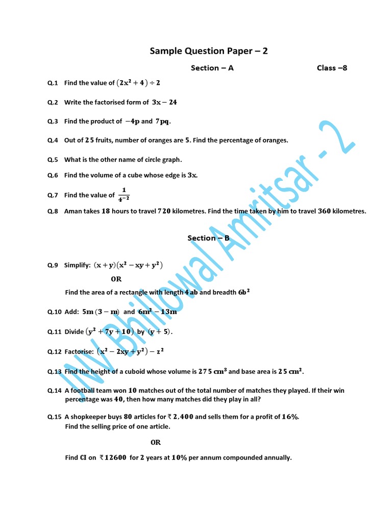 Sample Question Paper 2 PDF | PDF | Area | Length