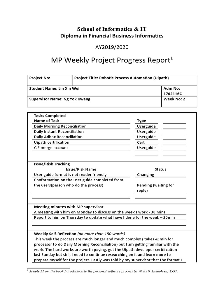 Robotic process automation project progress report automating