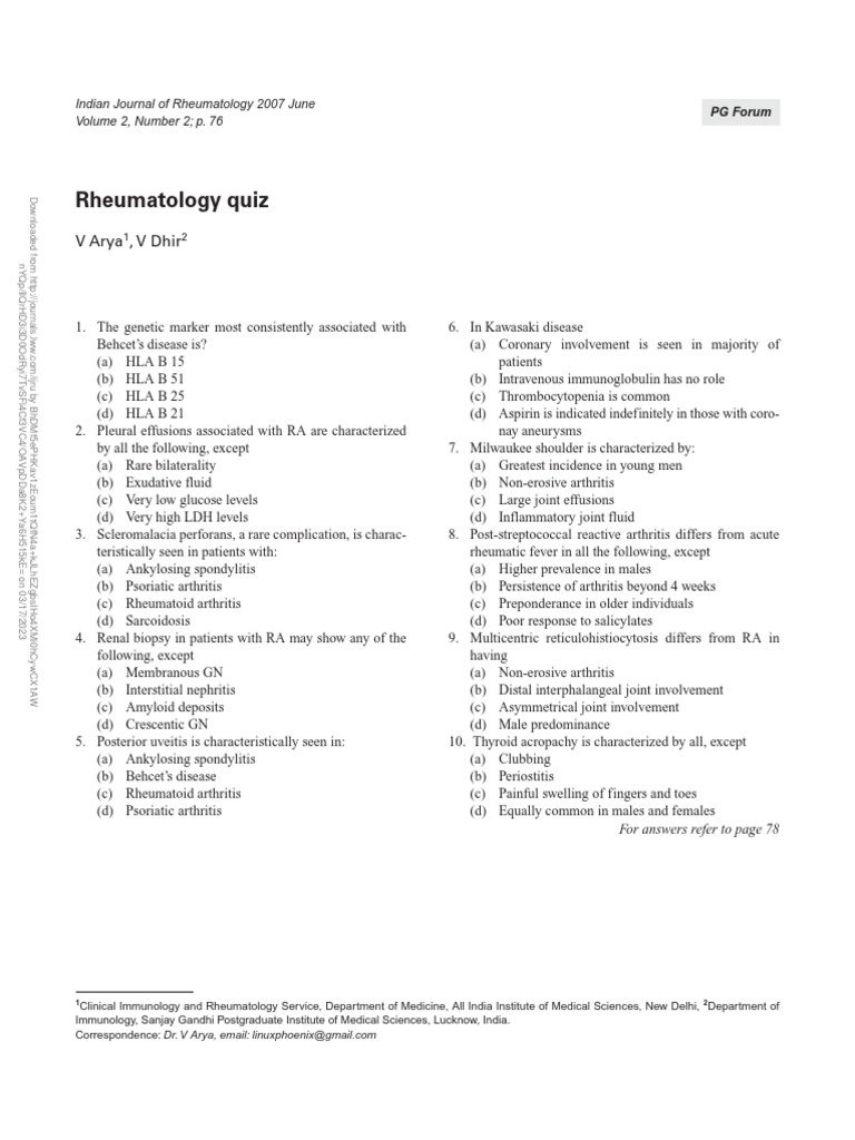 Rheumatology Quiz.7 PDF Arthritis Rheumatology
