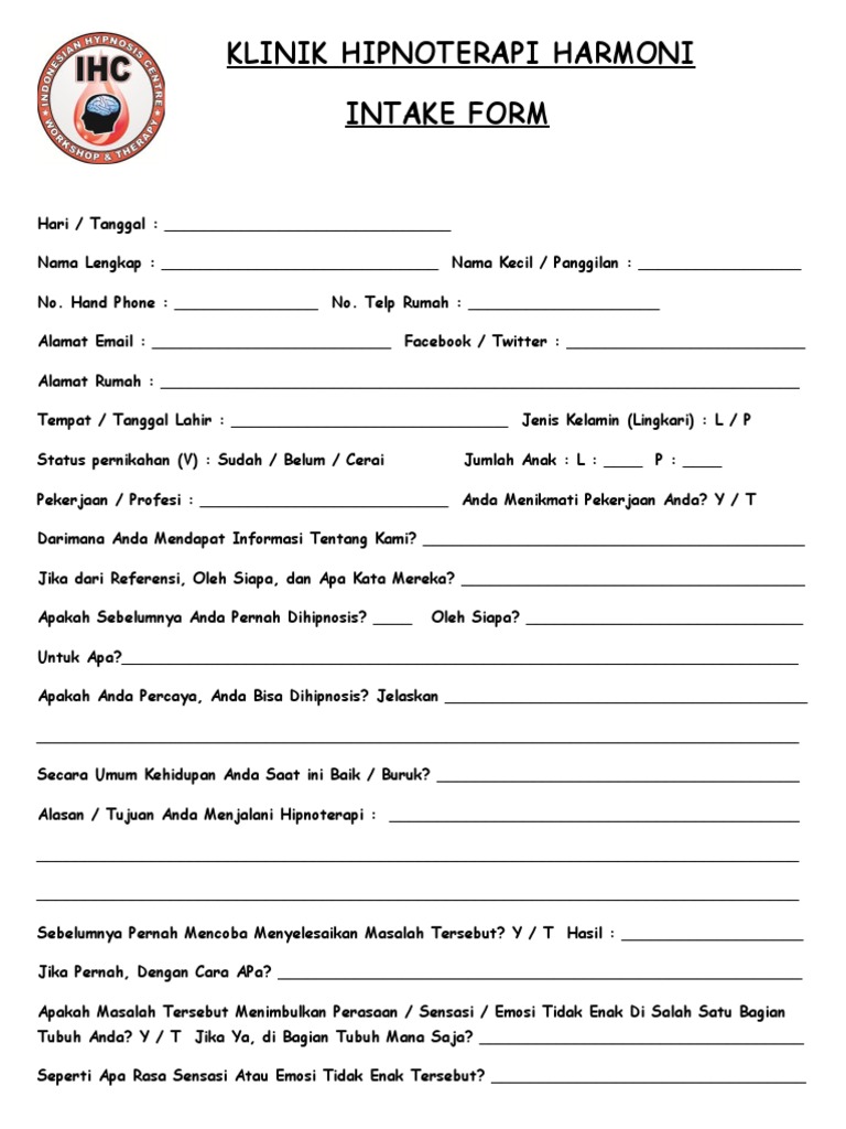 Formulir Intake Hipnoterapi Klinik Harmoni | PDF
