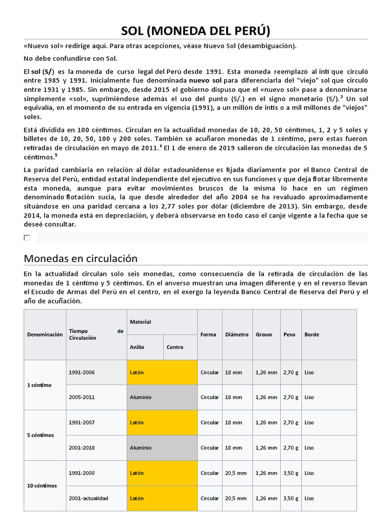 Sol (Moneda Del Perú) : Monedas en Circulación | PDF | Perú | Moneda