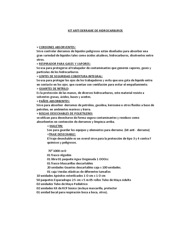 Kit Anti Derrame de Hidrocarburos | PDF | Hidrocarburos | Contaminación