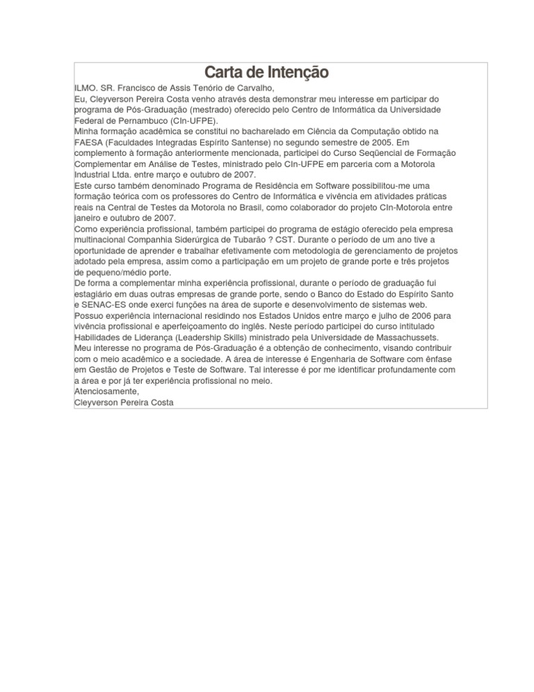 Carta Apresentação Mestrado Exemplos