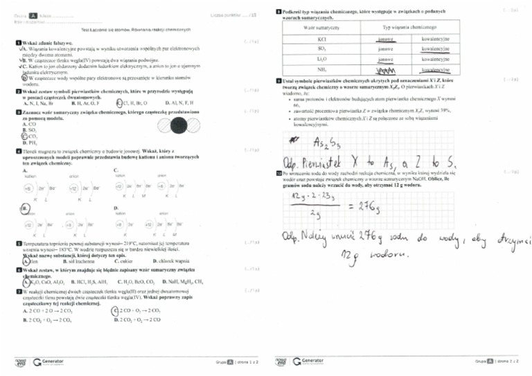 ównania Reakcji Chemicznych Sprawdzian Klasa 7 Odpowiedzi Do Testu - Łączenie Się Atomów. Równania Reakcji Chemicznych
