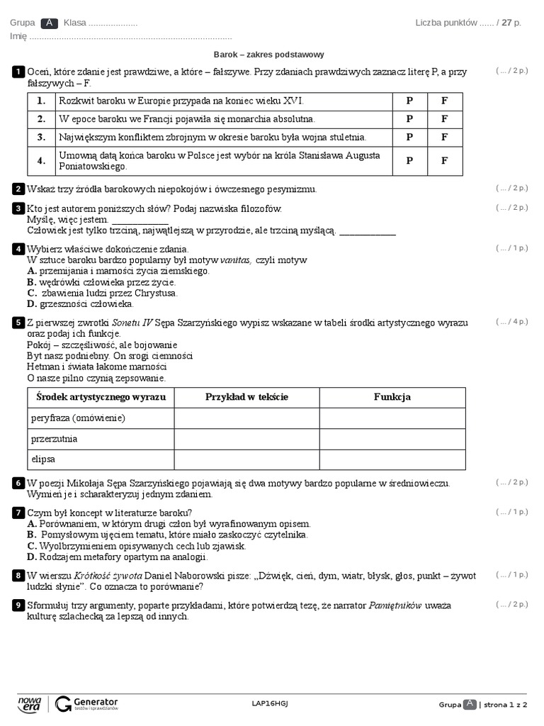 Matura Focus 3 Sprawdziany Odpowiedzi Barok Zakres Podstawowy Test Z Widoczna Punktacja | PDF