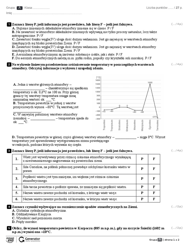 Sprawdzian Atmosfera Oblicza Geografii Zakres Rozszerzony Pdf Test - Rozdzia 3. Atmosfera Test Z Widoczna Punktacja-1 1 | PDF