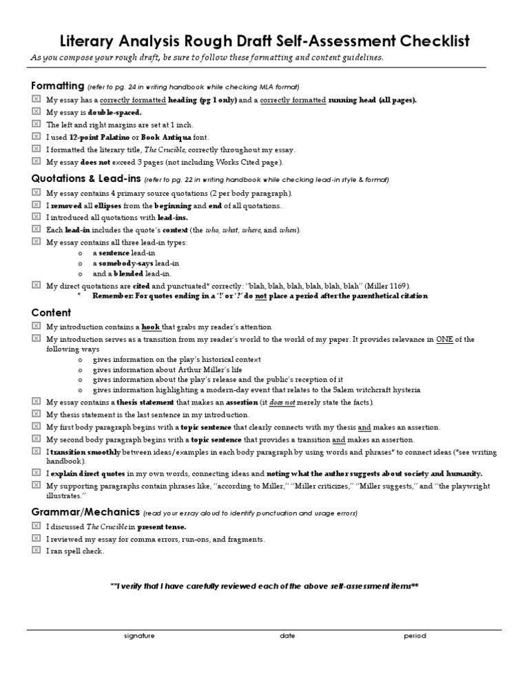 Literary Analysis Rough Draft Checklist Citation Essays