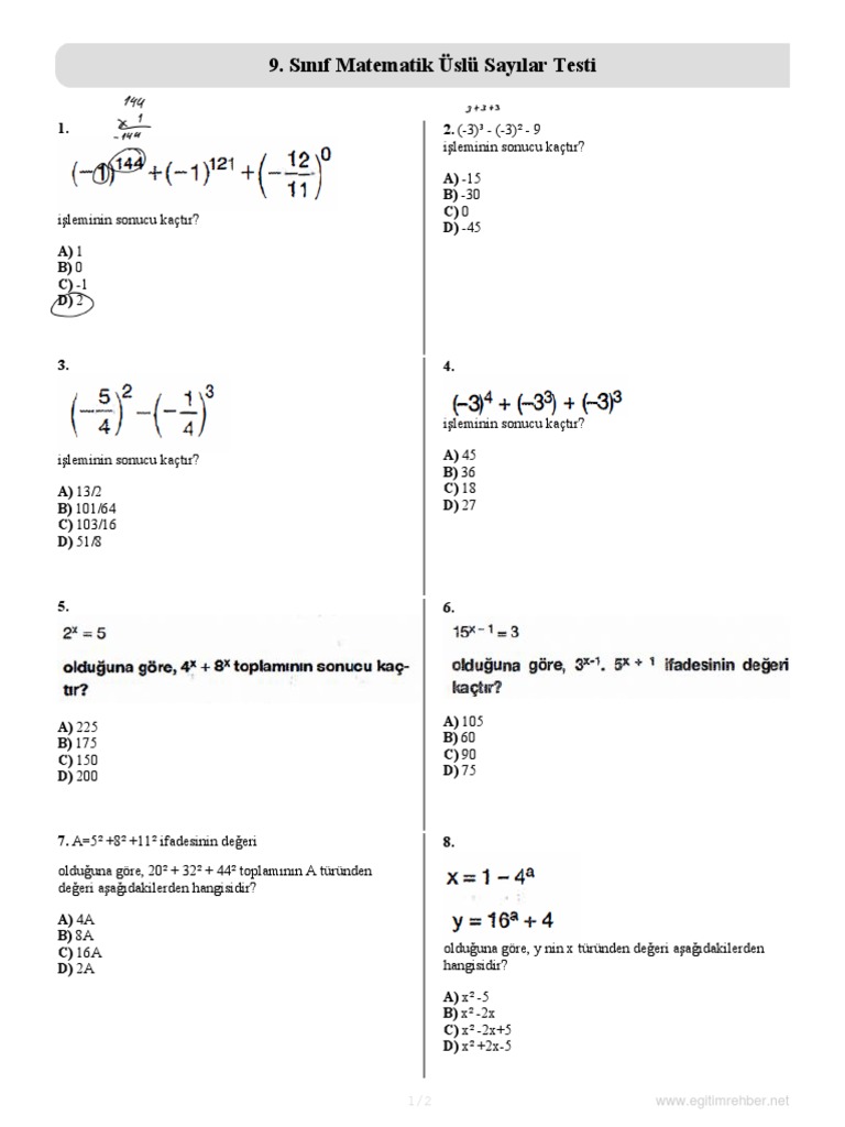 9 Sinif Matematik Uslu Sayilar Testi | PDF