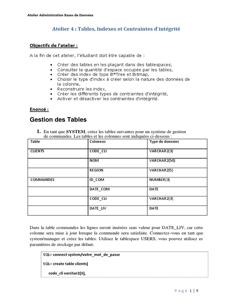 Atelier sur Tables et Index en SQL | PDF