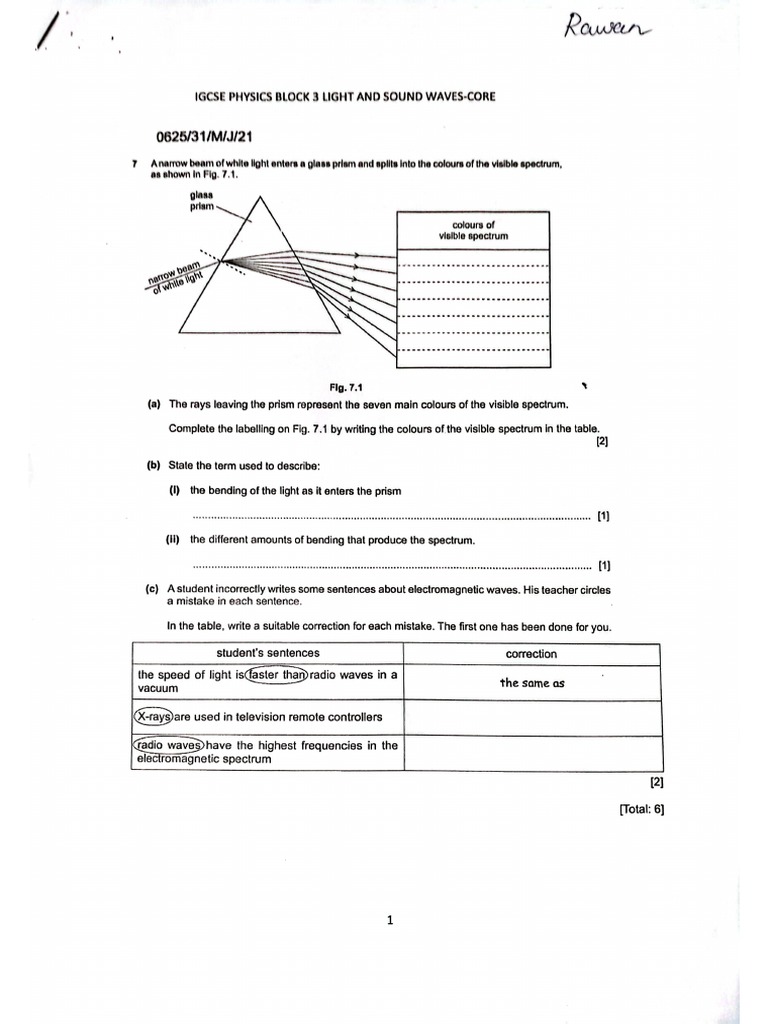 Light Physics Worksheet | PDF