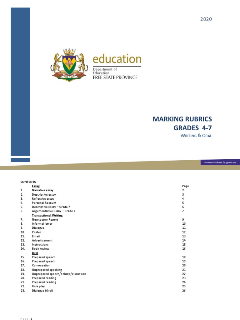 Grades 47 English Marking GuidelinesRubrics PDF Essays Editing