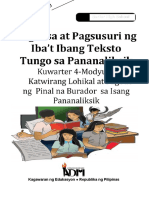 PagbasaatPagsusuri - Sem2 - Qtr4 - Modyul9 - Katwirang - Lohikal at Pagbuo NG Pinal Na Burador Sa Isang Pananaliksik-V4