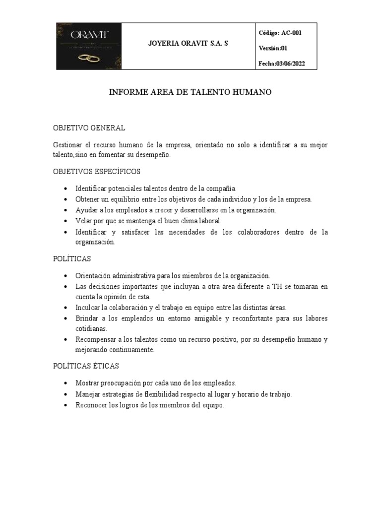Informe de Talento Humano Oravit S.A. | PDF | Gestión de recursos ...