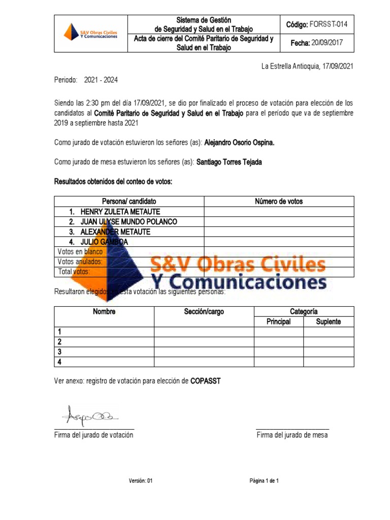 Acta de Elección COPASST 2021-2024 | PDF