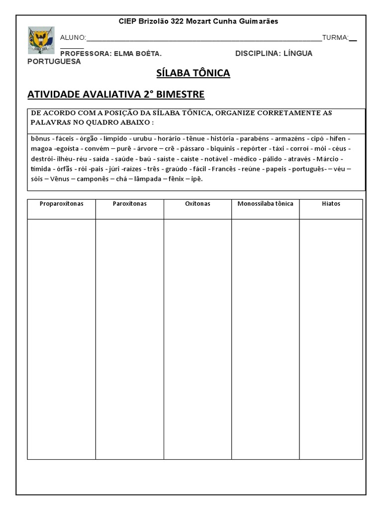 Atividade sobre Sílaba Tônica | PDF | Ciências e Matemática