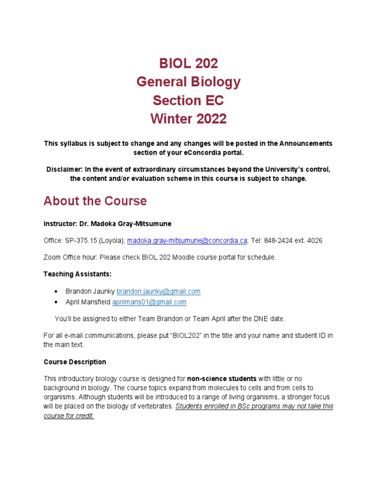 BIOL 202 - Winter 2022 Course Outline Dec 28 Update PDF | PDF ...