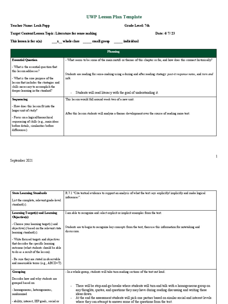 Edu 412 2021-09-01 IPED Lesson Plan Template | PDF | Lesson Plan ...