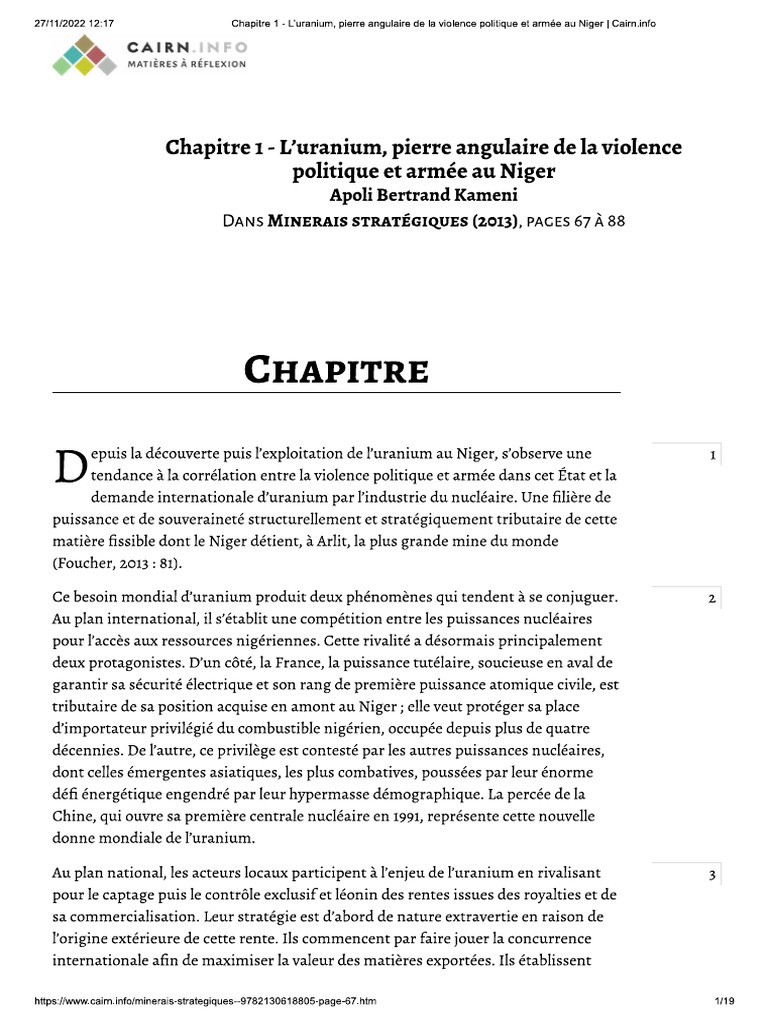 L'uranium, Pierre Angulaire de La Violence Politique Et Armée Au Niger ...