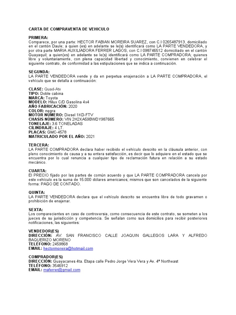 Carta de Compraventa de Vehículo 4x4 | PDF | Vehículos de ruedas