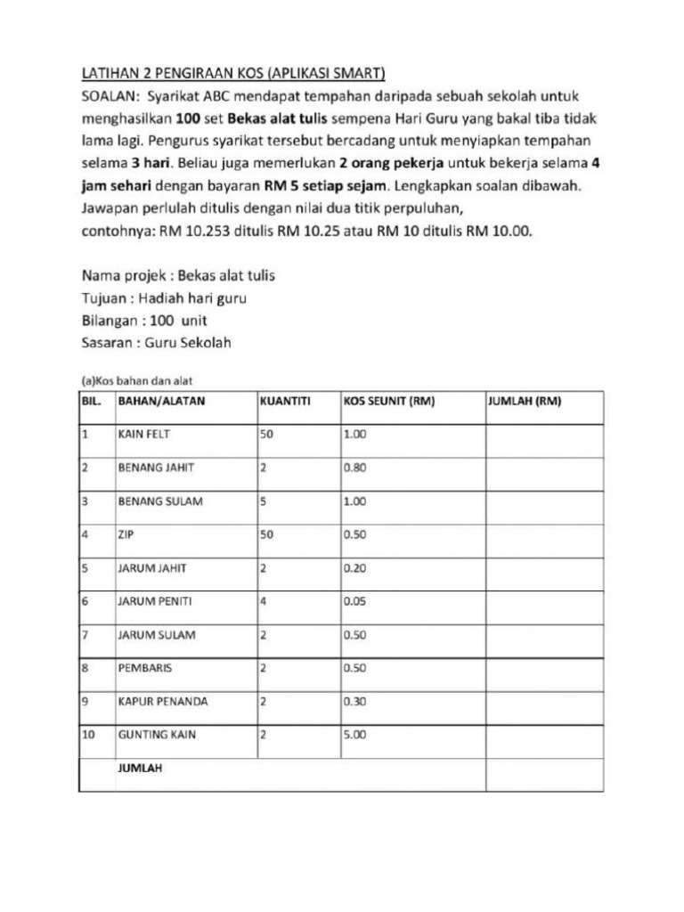 Latihan pengiraan kos RBT form 1 | PDF