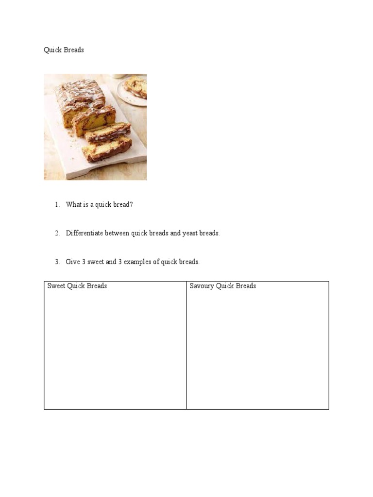 Quick Breads Activity Sheets | PDF | Cooking, Food & Wine