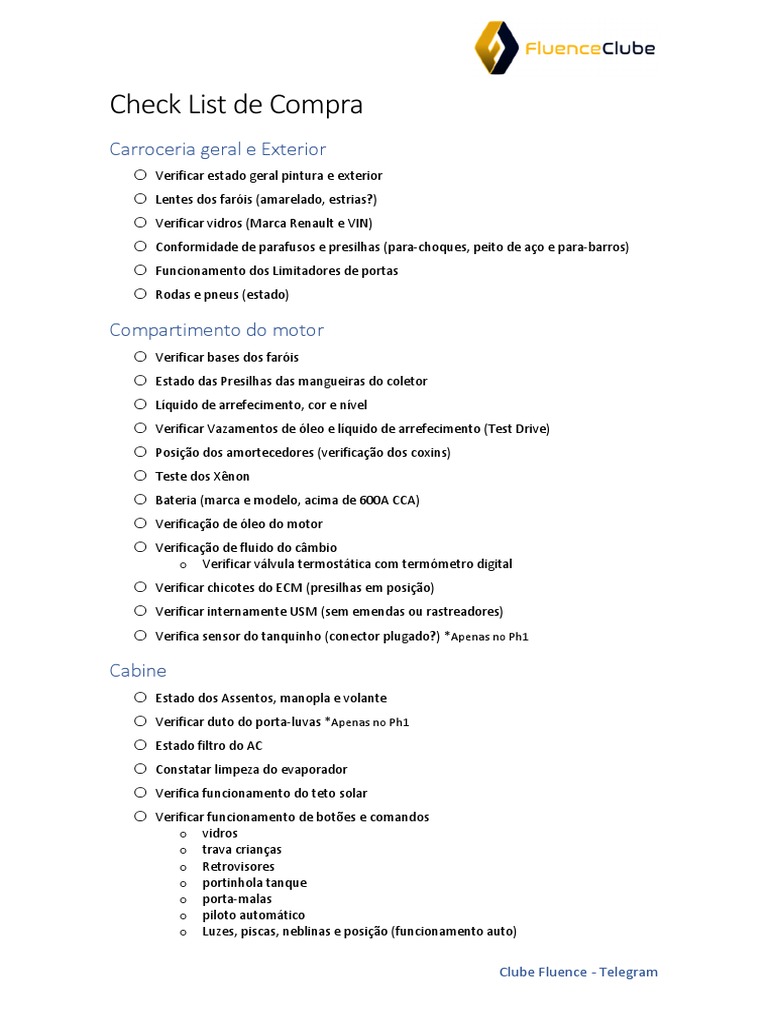 Checklist Completo para Compra do Fluence | PDF | Gastronomia, comida e ...