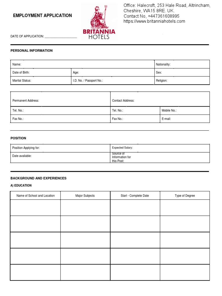 Britannia Hotels LTD Application Form | PDF | Identity Document