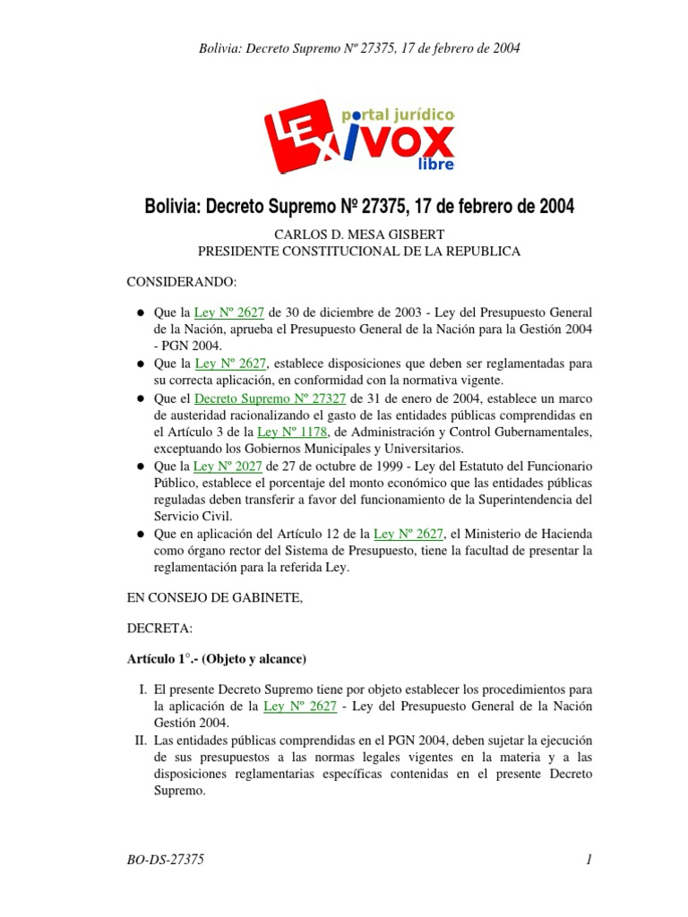 Procedimientos Ley 27375 y Personal Eventual | PDF | Presupuesto | Bolivia