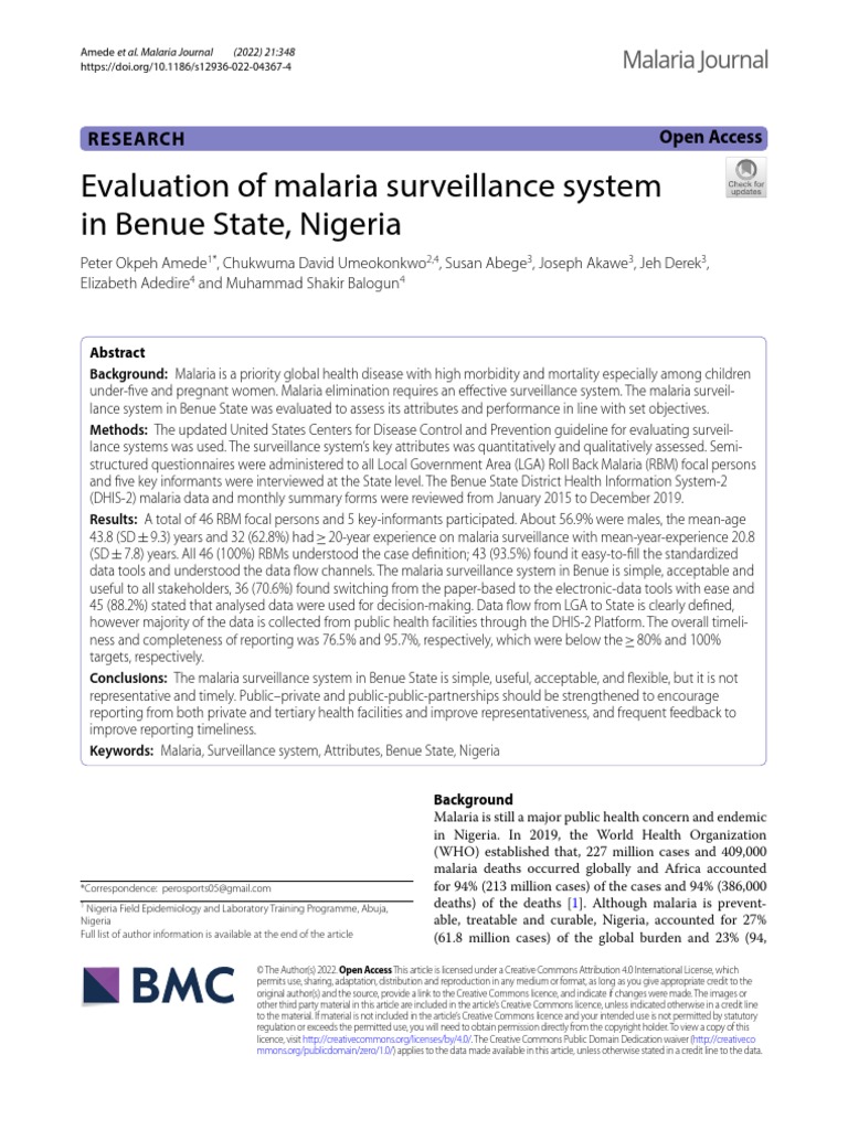 Evaluation of malaria surveillance system in Nigeria PDF Malaria
