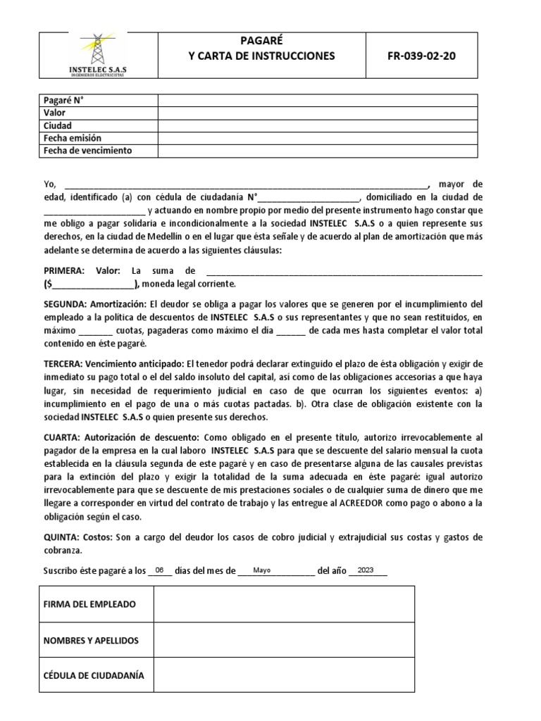 GAF-PA-01 Pagare y Carta de Instrucciones | PDF